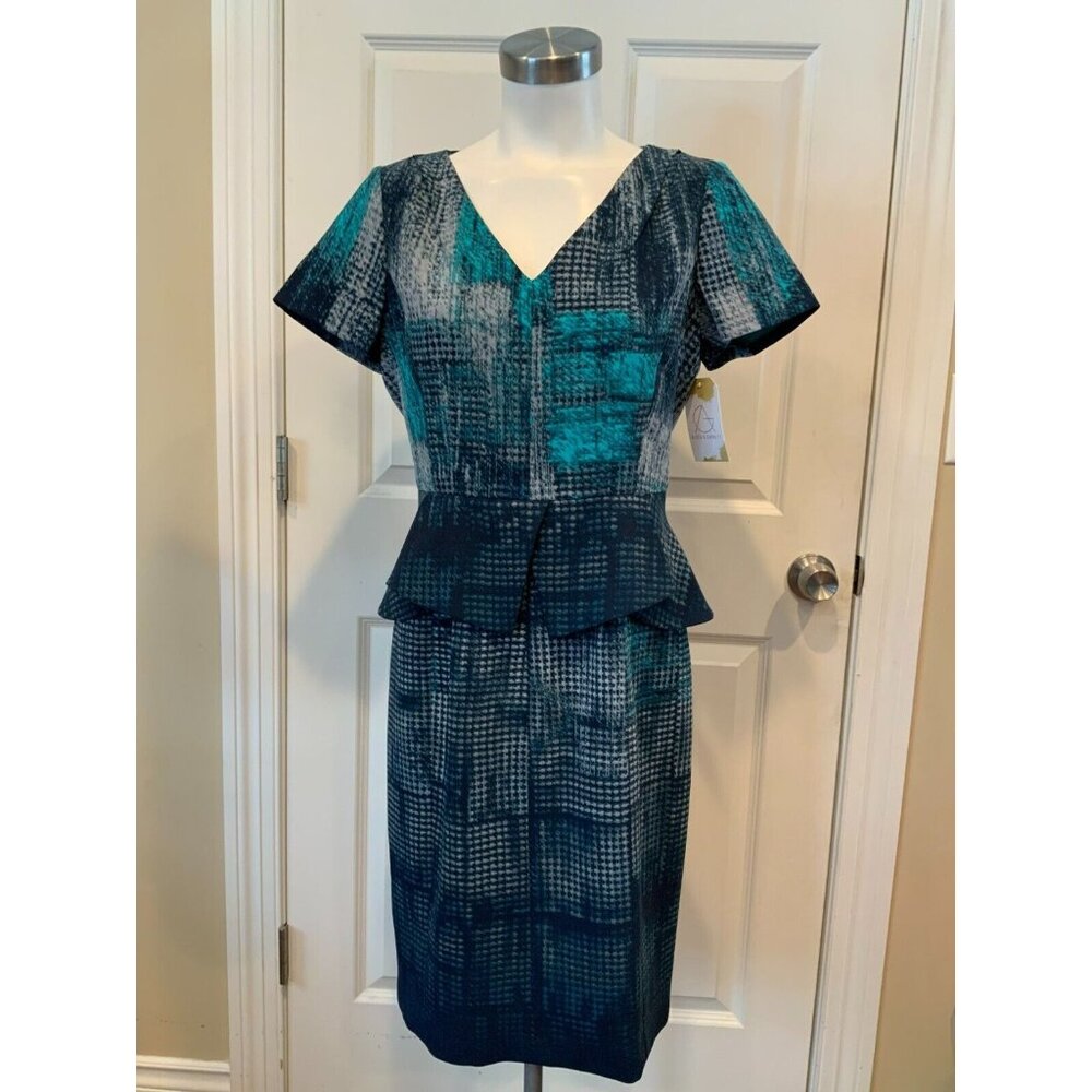 T Tahari Teal Blue, Navy & Gray Geometric Patterned Dress W/ Peplum, Size 6 (US)